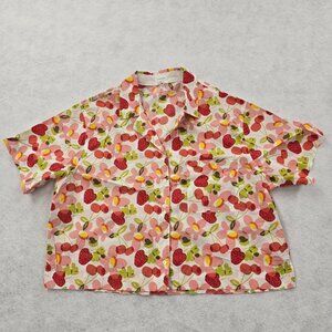 Aerie Intimates Novelty Print Button Up Strawberry Sleep Shirt Top Boxy Sz Large
